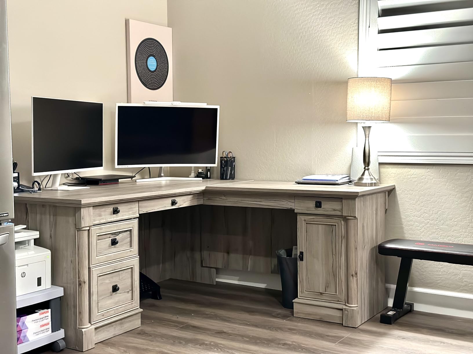 Sauder Palladia L Shaped Desk with Drawers, Office Desk with File Cabinet Storage, Cable Management, Keyboard Tray, in Vintage Oak Finish customer photo 1
