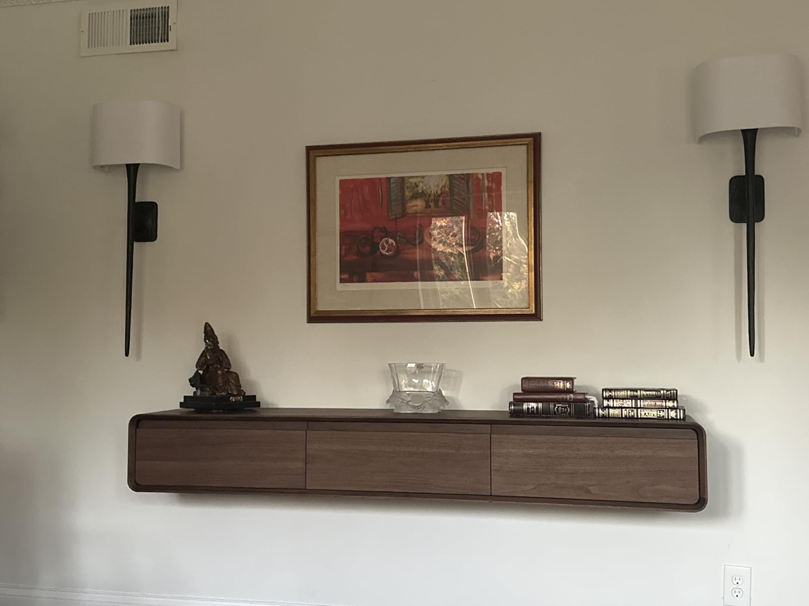 POVISON Fully-Assembled Minimalist Floating TV Stand, Modern Wall-Mounted Entertainment Center with 3 Flip-Down Cabinet Doors, Wood Media Console customer photo 2