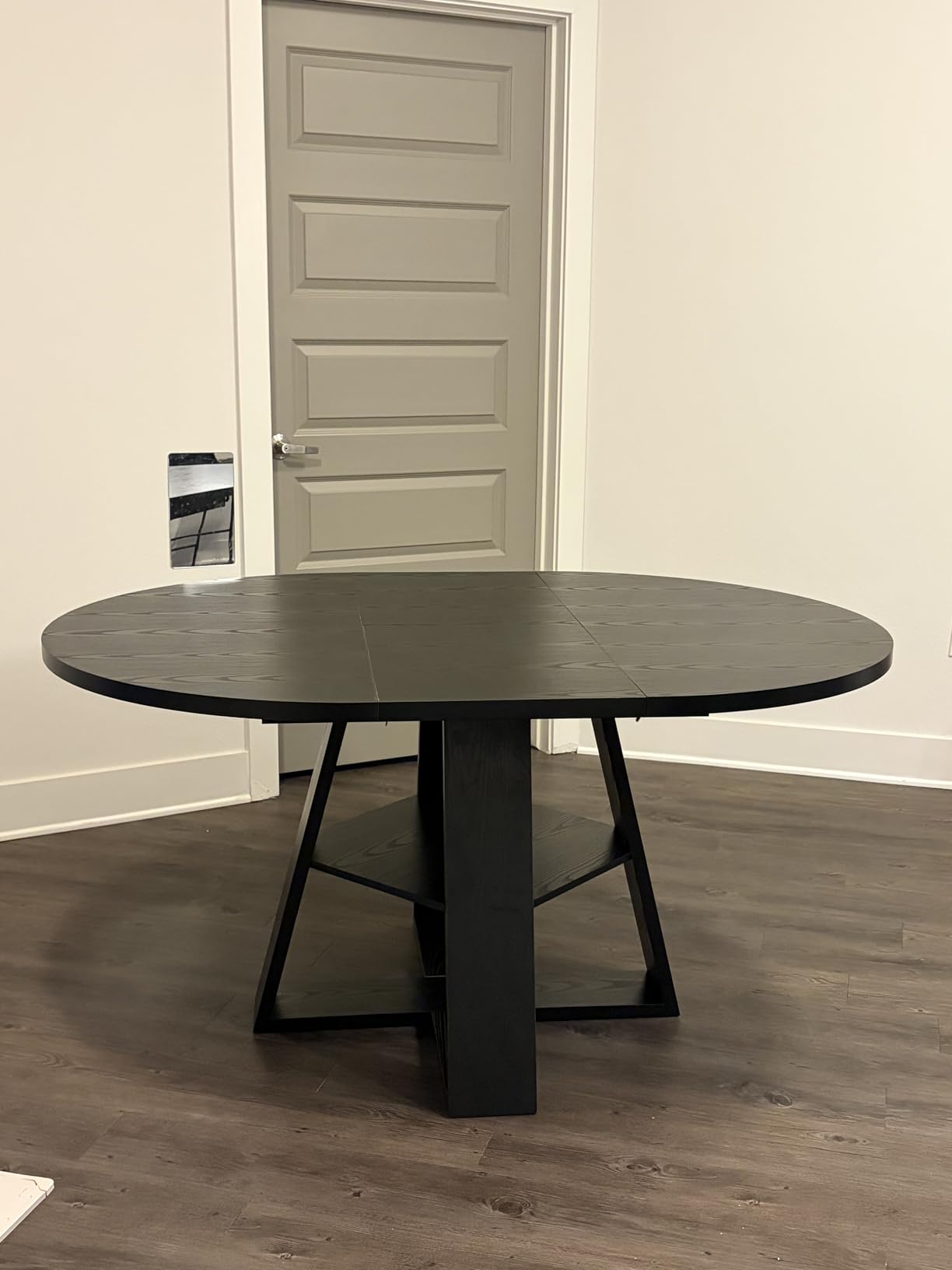 43.3in-59in Extendable Round Dining Table for 4-8, Modern Kitchen Oval Dining Table with Removable Leaves Space Saving, Wood Base with Storage Shelf (Walnut) customer photo 1