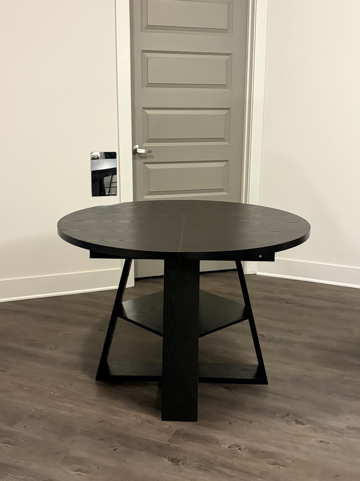43.3in-59in Extendable Round Dining Table for 4-8, Modern Kitchen Oval Dining Table with Removable Leaves Space Saving, Wood Base with Storage Shelf (Walnut) customer photo 2