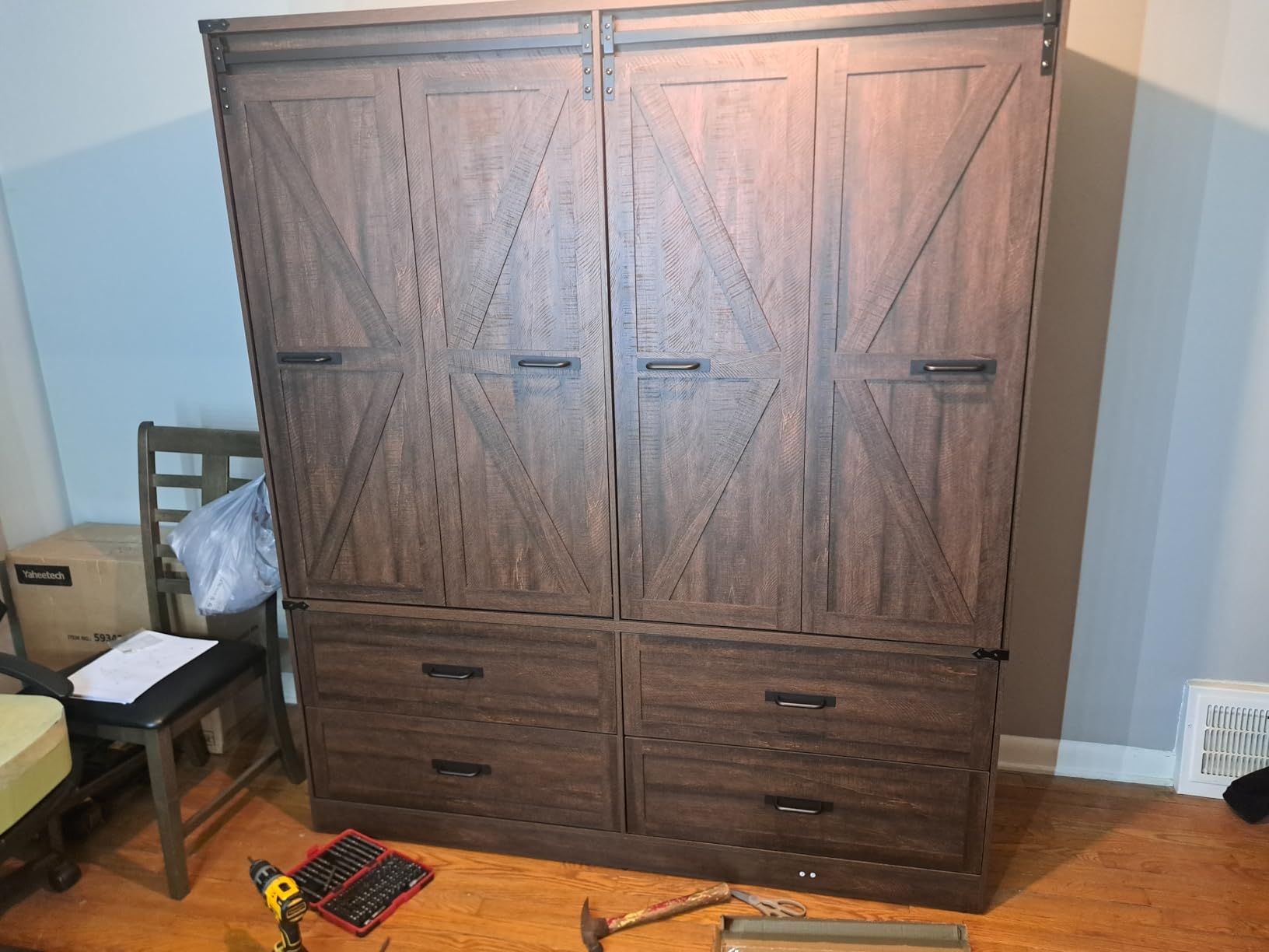 Farmhouse 4 Doors Armoire Wardrobe Closet w/Folding Sliding Barn Door and Lights, LED Armoire Closet w/Drawers for Bedroom, Freestanding Wooden Wardrobe Storage Closets w/Hanging Rod,Antique White customer photo 2